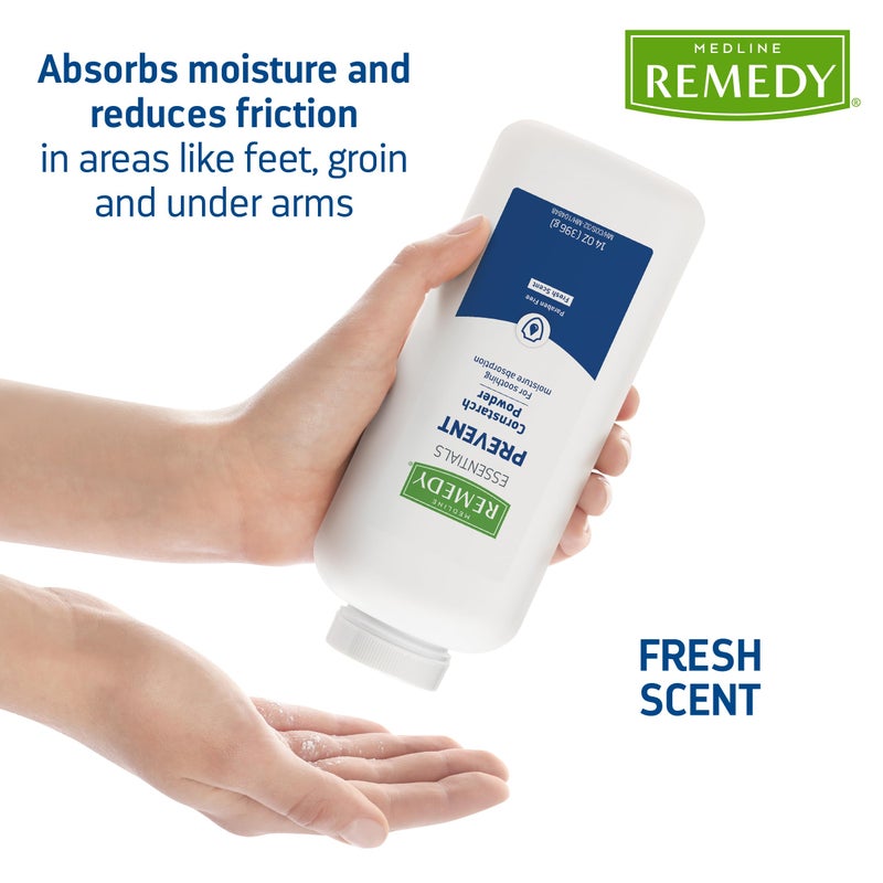 Medline Remedy Essentials Cornstarch Powder (14 oz Bottle), Fresh Scent, Talc Free, Shaker Top, Skin Care, Absorbs Sweat, Soothes, Reduces Friction & Chafing, For Adults, Feet, Groin - Image 3